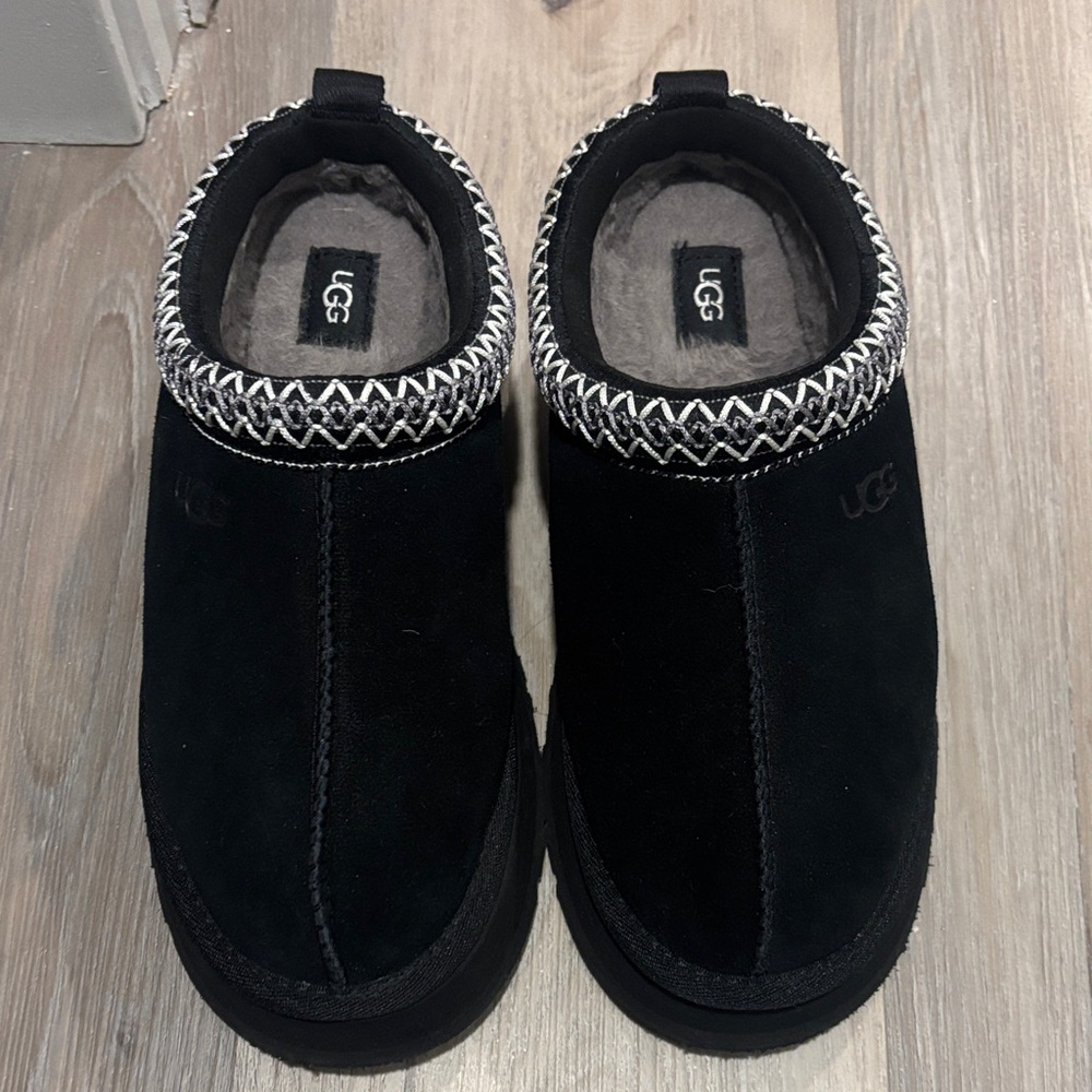 UGG Black Suede Slip-Ons with Patterned Trim